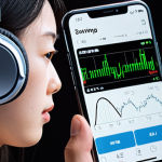 **A person wearing headphones, intently listening to a Japanese language learning app on their phone, with Japanese text and audio waveforms visible on the screen. Focus on the concept of language learning through technology.**