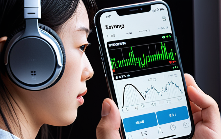 **A person wearing headphones, intently listening to a Japanese language learning app on their phone, with Japanese text and audio waveforms visible on the screen. Focus on the concept of language learning through technology.**