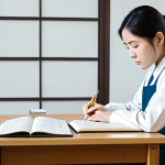 A diligent adult learner, dressed in modest, professional attire, intently studying Japanese language materials at a clean, modern desk in a well-lit study room. The scene captures a moment of focused concentration, with open textbooks showing complex Kanji characters and grammar notes. The atmosphere is calm and studious. safe for work, appropriate content, fully clothed, professional, perfect anatomy, correct proportions, natural pose, well-formed hands, proper finger count, natural body proportions, professional photography, high quality image.