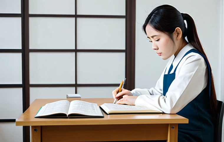 A diligent adult learner, dressed in modest, professional attire, intently studying Japanese language materials at a clean, modern desk in a well-lit study room. The scene captures a moment of focused concentration, with open textbooks showing complex Kanji characters and grammar notes. The atmosphere is calm and studious. safe for work, appropriate content, fully clothed, professional, perfect anatomy, correct proportions, natural pose, well-formed hands, proper finger count, natural body proportions, professional photography, high quality image.
