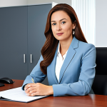 A professional businesswoman in a modest business suit, sitting at a desk in a modern office, fully clothed, appropriate attire, safe for work, perfect anatomy, natural proportions, professional photography, high quality
