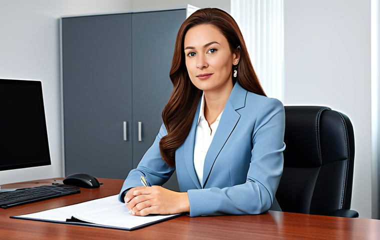 A professional businesswoman in a modest business suit, sitting at a desk in a modern office, fully clothed, appropriate attire, safe for work, perfect anatomy, natural proportions, professional photography, high quality