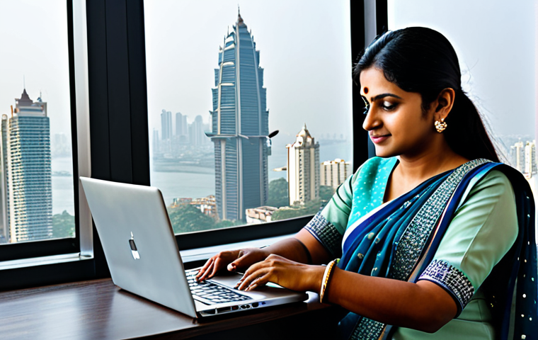 **

A professional Indian businesswoman in a modest, elegant sari, working on a laptop in a modern office with a view of the Mumbai skyline. Fully clothed, appropriate attire, safe for work, perfect anatomy, natural proportions, professional photography, high quality.

**