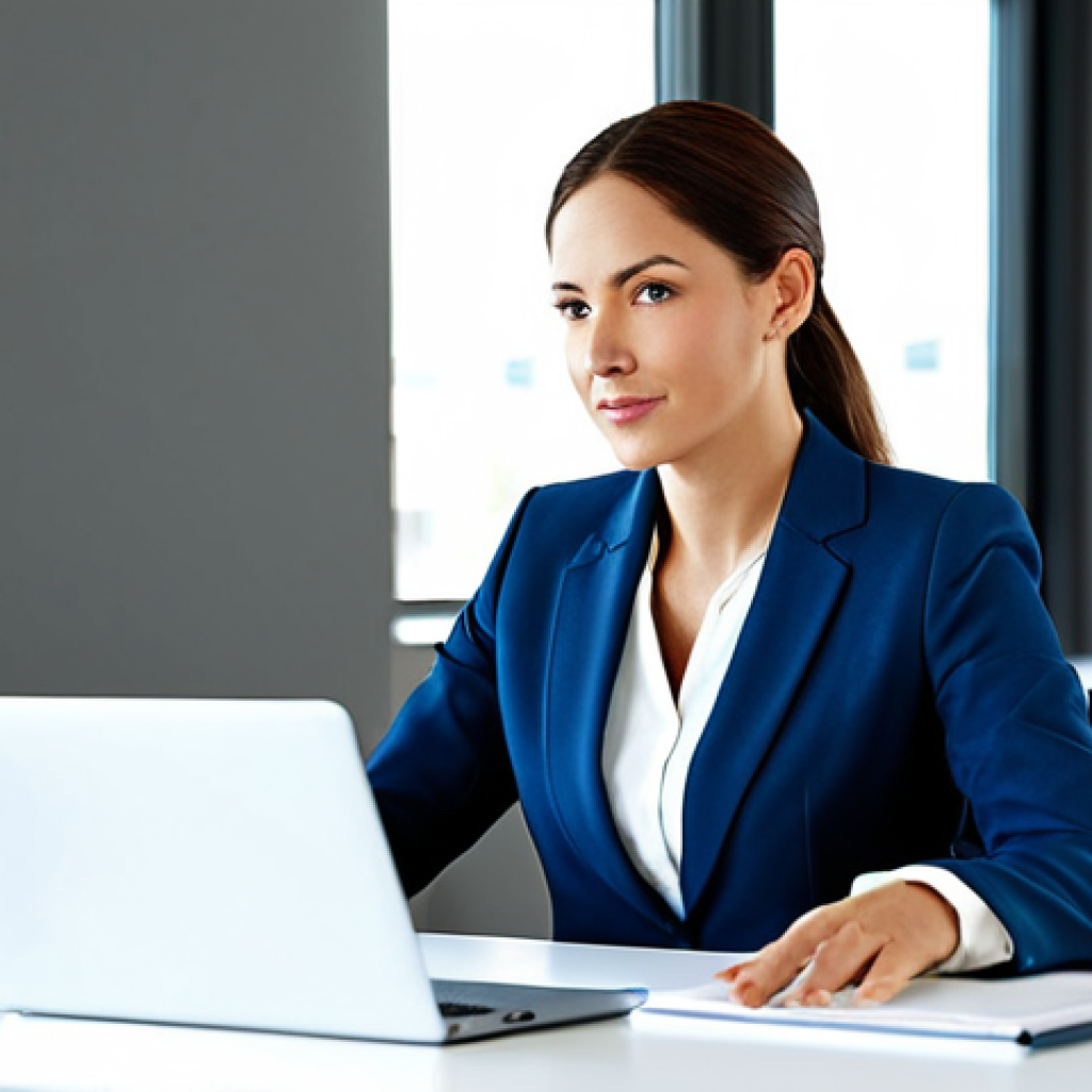 **Professional businesswoman in a modern office:** A confident businesswoman wearing a fully clothed, modest business suit, sitting at a desk in a bright, modern office. Safe for work, appropriate content, perfect anatomy, natural proportions, professional photography, high quality.
