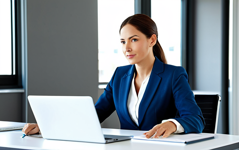 **Professional businesswoman in a modern office:** A confident businesswoman wearing a fully clothed, modest business suit, sitting at a desk in a bright, modern office. Safe for work, appropriate content, perfect anatomy, natural proportions, professional photography, high quality.
