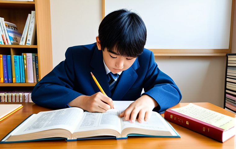 JLPT와 일본어 어휘 확장 학습법 - "A student diligently studying Japanese vocabulary flashcards, surrounded by textbooks and a Japanes...