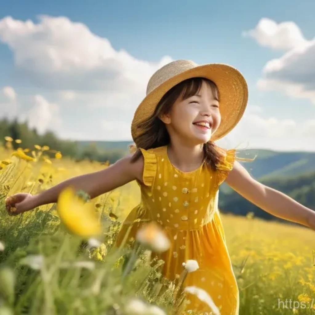 JLPT 시험 장소와 준비물 체크리스트 - A young girl, approximately 8 years old, wearing a bright yellow sundress and a wide-brimmed straw h...