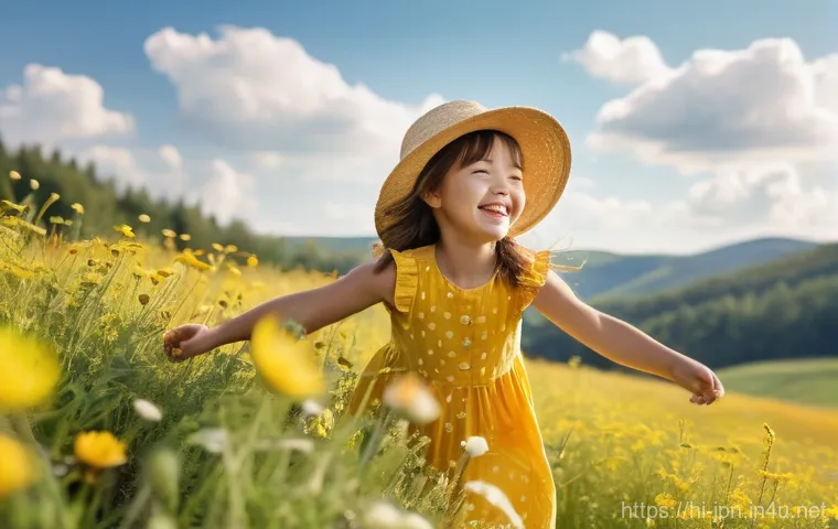 JLPT 시험 장소와 준비물 체크리스트 - A young girl, approximately 8 years old, wearing a bright yellow sundress and a wide-brimmed straw h...