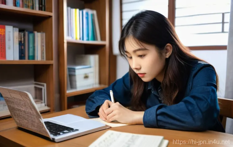 JLPT 독학과 학원 어떤 게 더 효과적일까 - **Prompt for Self-Study:**
    "A young woman (20s, East Asian appearance) is intensely focused on s...