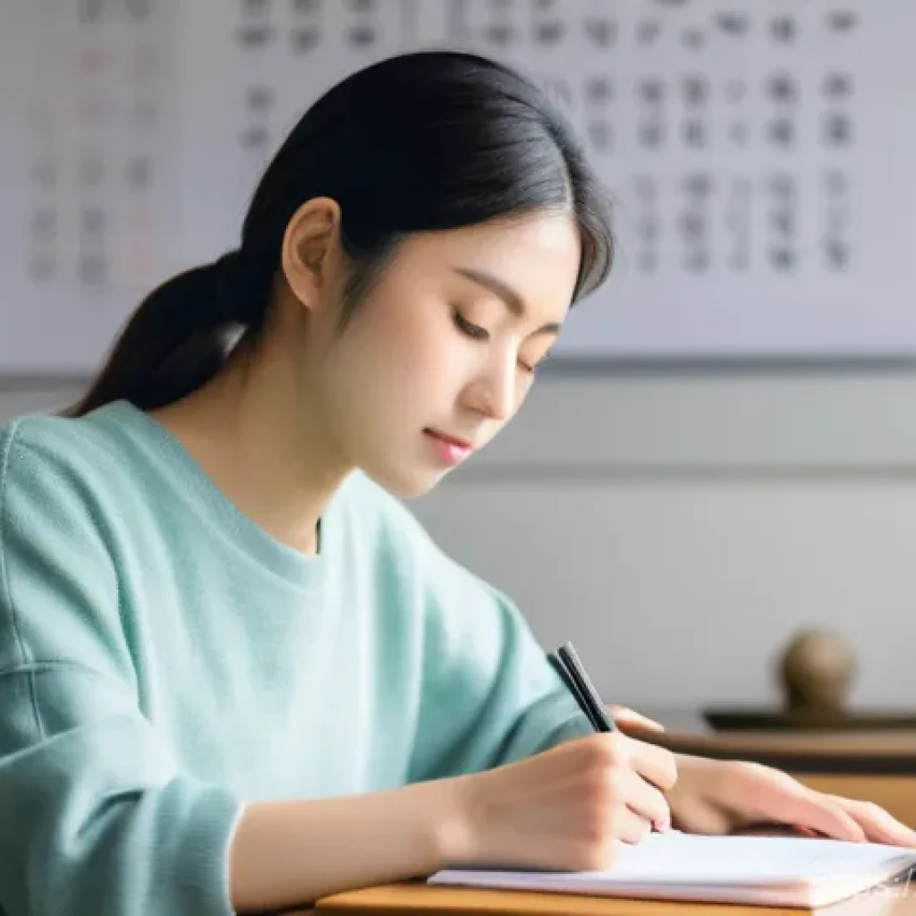 JLPT와 일본 내 인턴십 프로그램 참여 사례 - **A focused young adult studying Japanese for the JLPT exam.** The image should feature a male or fe...