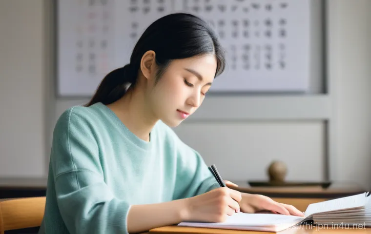 JLPT와 일본 내 인턴십 프로그램 참여 사례 - **A focused young adult studying Japanese for the JLPT exam.** The image should feature a male or fe...
