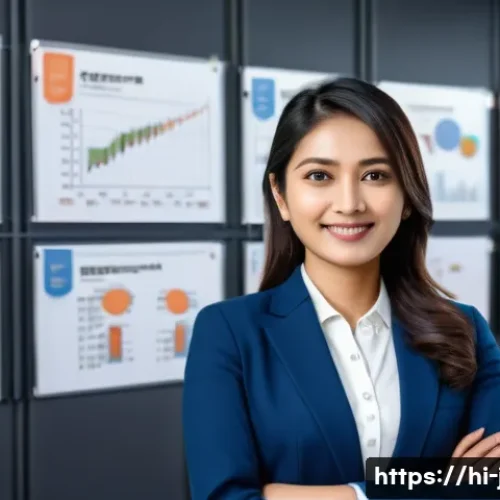 JLPT와 글로벌 비즈니스 성공 사례 - A professional Indian businesswoman in formal attire, confidently presenting in a modern corporate o...