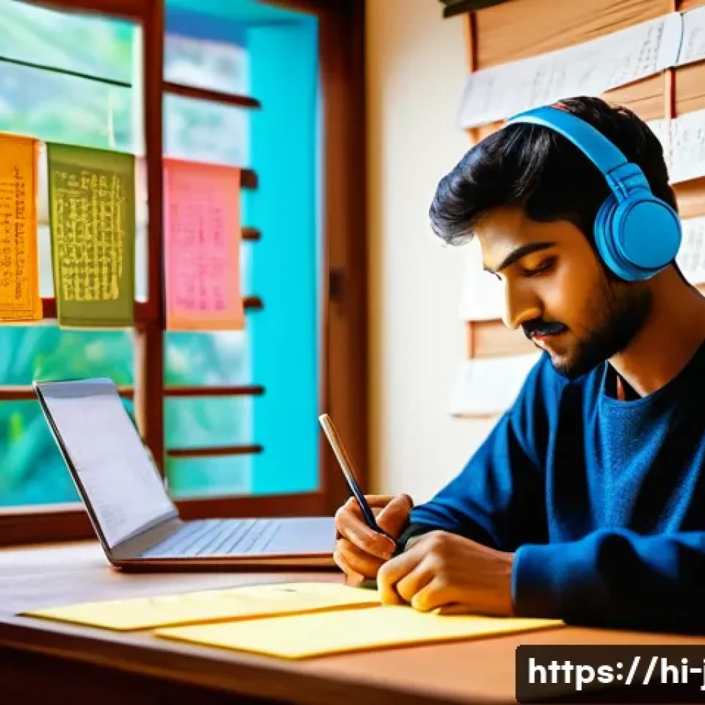 JLPT N2 중점 과목 학습 전략 - A detailed, vibrant study scene of a young Indian man sitting at a wooden desk in a cozy room decora...