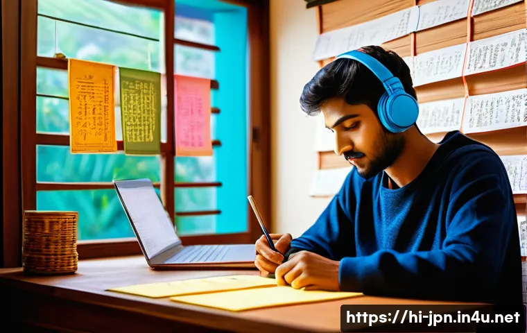 JLPT N2 중점 과목 학습 전략 - A detailed, vibrant study scene of a young Indian man sitting at a wooden desk in a cozy room decora...
