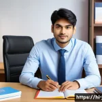 JLPT와 일본 내 자격증 조합 활용 사례 - A professional young Indian man in business casual attire sitting confidently at a modern office des...