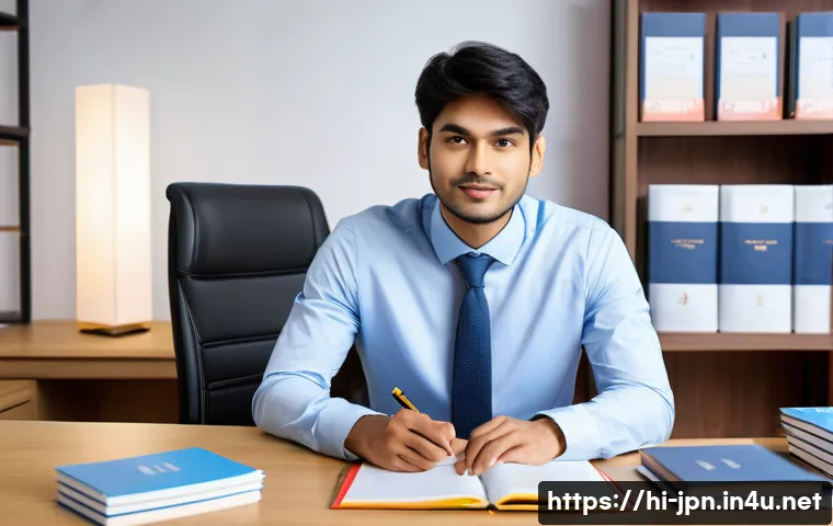 JLPT와 일본 내 자격증 조합 활용 사례 - A professional young Indian man in business casual attire sitting confidently at a modern office des...