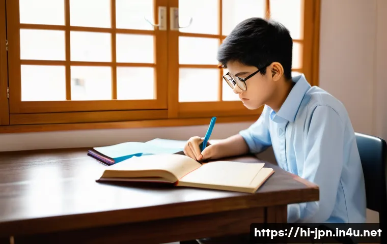 JLPT와 일본어 고급 문법 학습법 - A focused study scene featuring a young Hindi-speaking student sitting at a tidy wooden desk with Ja...