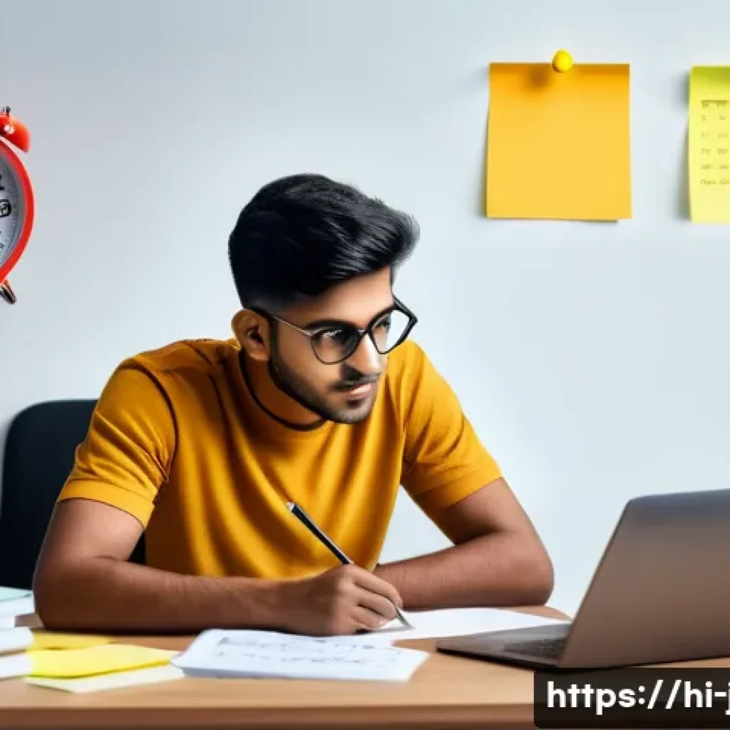 JLPT 실전 모의고사 활용 경험담 - A focused young Indian student in casual attire sitting at a desk with a laptop and study materials ...