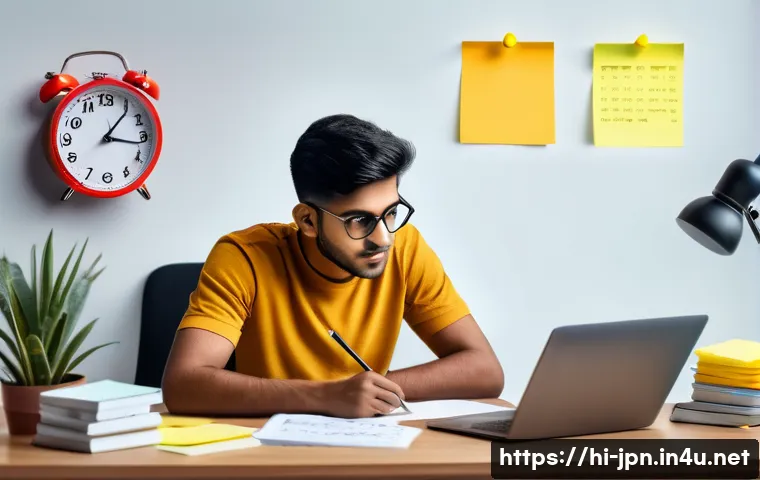 JLPT 실전 모의고사 활용 경험담 - A focused young Indian student in casual attire sitting at a desk with a laptop and study materials ...
