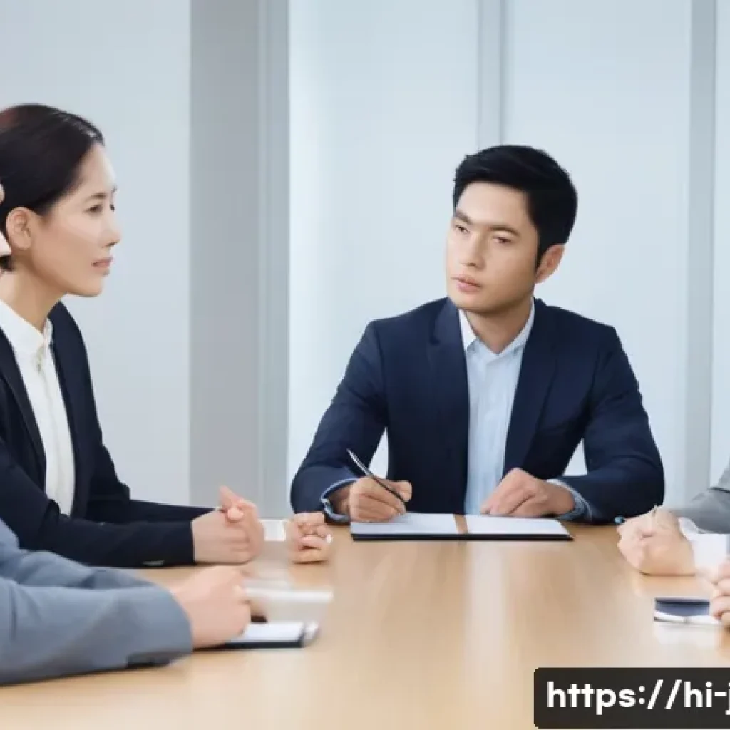 JLPT와 일본 기업 문화 적응법 - A professional Japanese office scene showing a diverse group of coworkers in business attire engaged...
