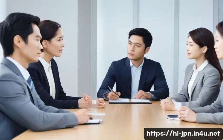 JLPT와 일본 기업 문화 적응법 - A professional Japanese office scene showing a diverse group of coworkers in business attire engaged...