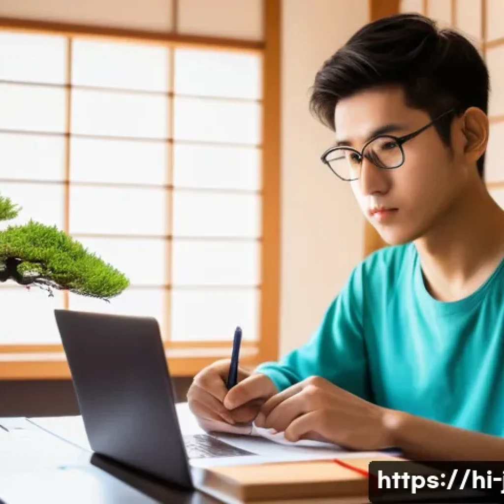 JLPT와 비즈니스 일본어 시험의 차이 - A focused study scene showing a young Indian man preparing for the JLPT exam at home, surrounded by ...