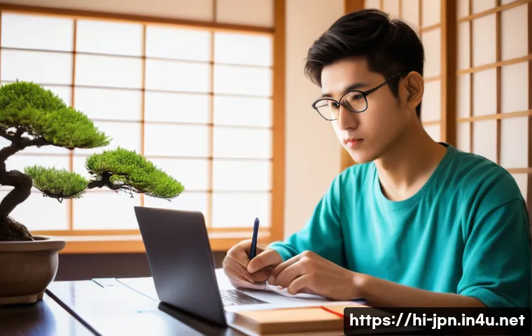 JLPT와 비즈니스 일본어 시험의 차이 - A focused study scene showing a young Indian man preparing for the JLPT exam at home, surrounded by ...