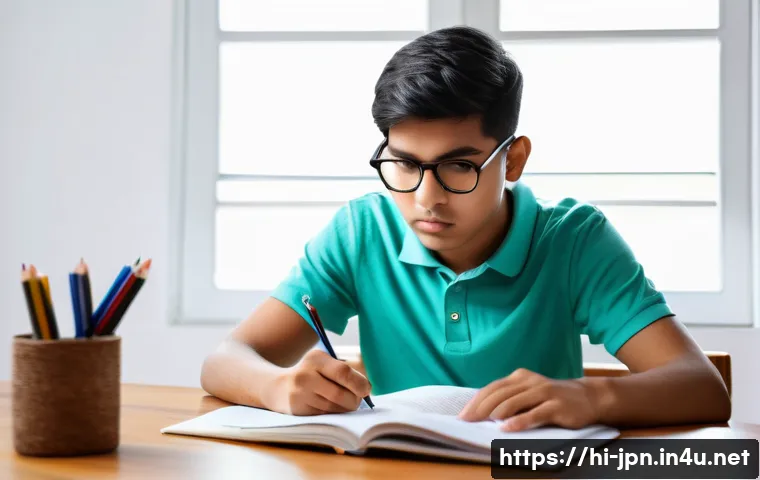 JLPT 시험 전 마지막 점검 체크리스트 - A focused young Indian student sitting at a wooden study desk in a bright room, wearing casual cloth...