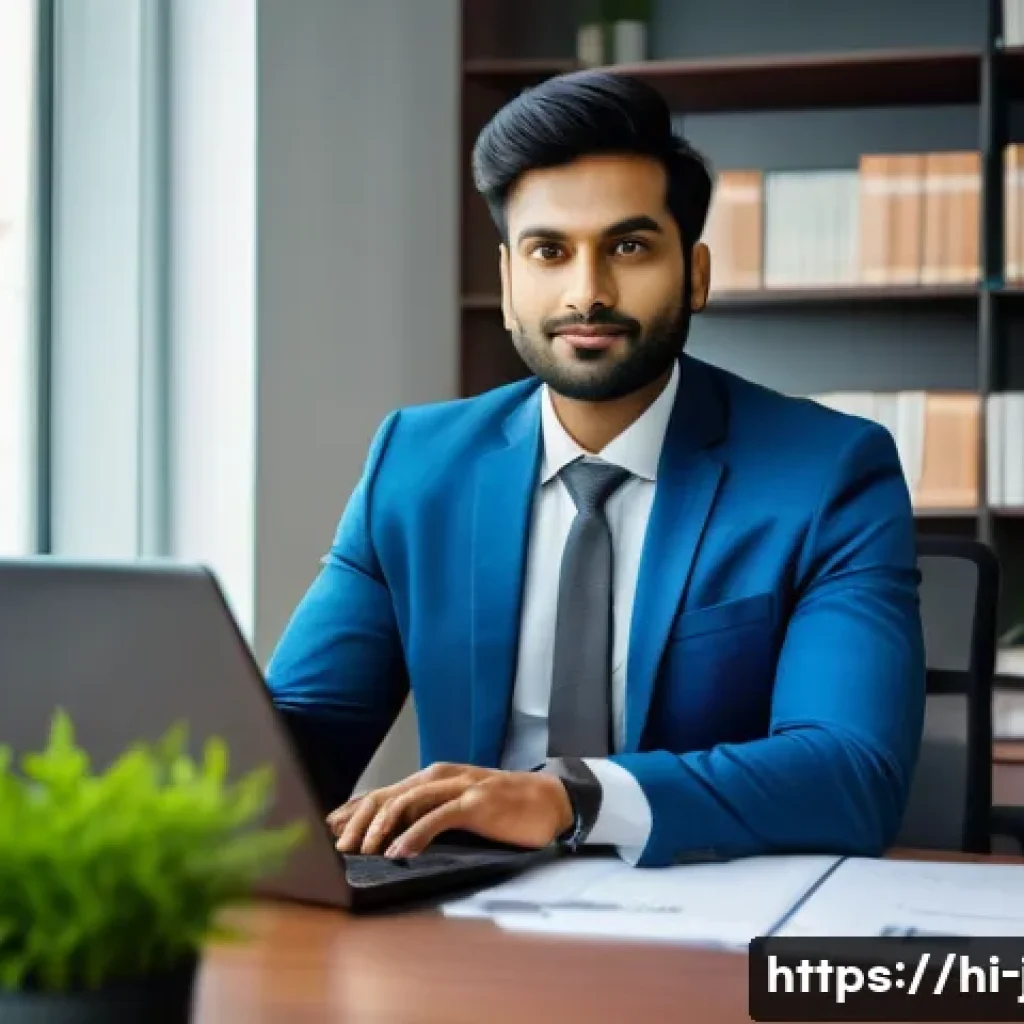 JLPT N1 취득 후 연봉협상 사례 - A confident young Indian professional in formal office attire, sitting at a modern desk in a private...