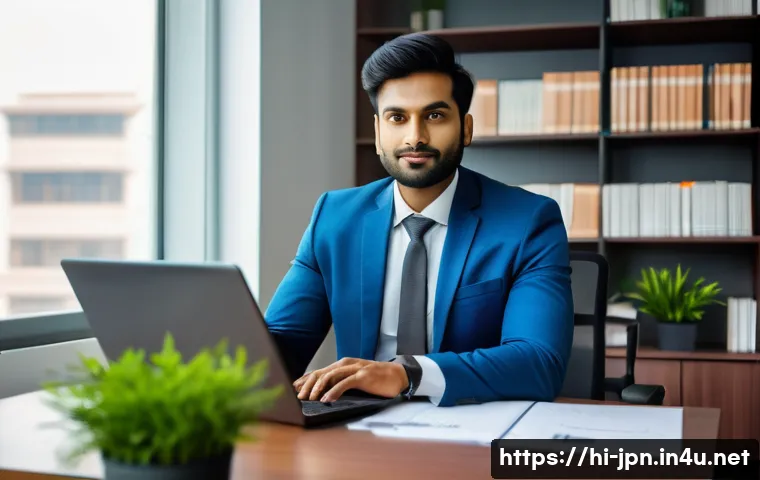 JLPT N1 취득 후 연봉협상 사례 - A confident young Indian professional in formal office attire, sitting at a modern desk in a private...