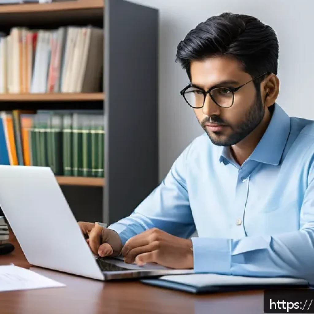 JLPT와 일본 내 자격증과의 연계성 - A professional Indian man in business casual attire studying Japanese language certificates at a mod...