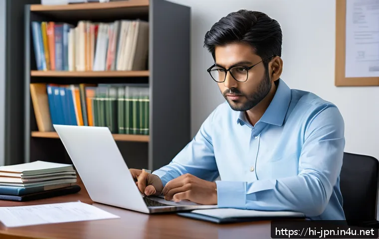 JLPT와 일본 내 자격증과의 연계성 - A professional Indian man in business casual attire studying Japanese language certificates at a mod...