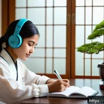 JLPT와 일본어 능력 향상을 위한 스마트폰 활용 - A focused young Indian woman studying Japanese language on her smartphone in a cozy modern room, usi...