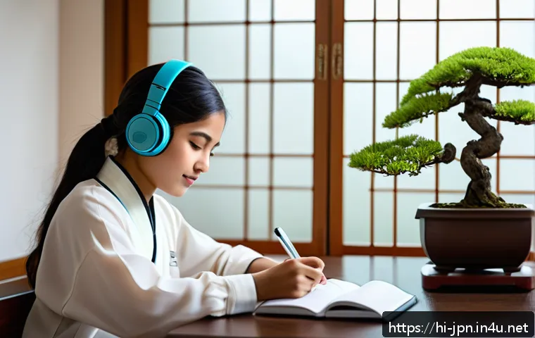 JLPT와 일본어 능력 향상을 위한 스마트폰 활용 - A focused young Indian woman studying Japanese language on her smartphone in a cozy modern room, usi...