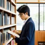 JLPT와 일본 내 학술 연구 연계성 - A detailed academic library scene inside a modern Japanese university, filled with tall shelves of b...