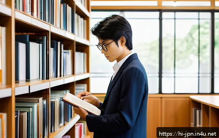 JLPT와 일본 내 학술 연구 연계성 - A detailed academic library scene inside a modern Japanese university, filled with tall shelves of b...