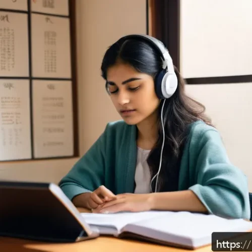 JLPT N1 듣기 문제 해결 전략 - A focused young Indian woman sitting at a desk in a cozy study room, listening intently to Japanese ...
