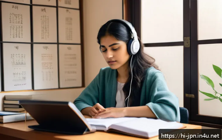 JLPT N1 듣기 문제 해결 전략 - A focused young Indian woman sitting at a desk in a cozy study room, listening intently to Japanese ...