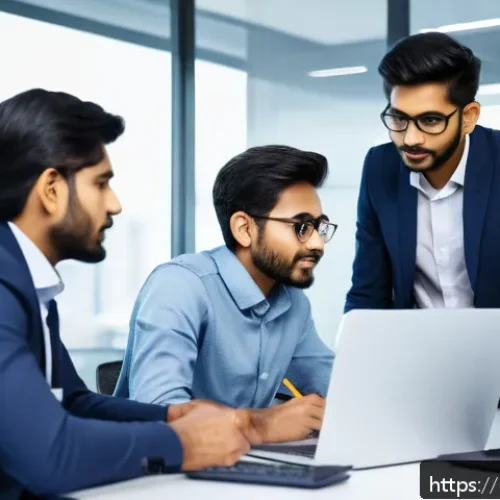 JLPT와 일본 내 직무 연계 교육 프로그램 - A diverse group of young Indian professionals in a modern Japanese office setting, engaged in a team...