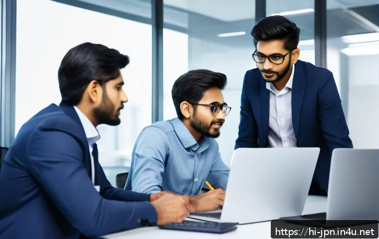 JLPT와 일본 내 직무 연계 교육 프로그램 - A diverse group of young Indian professionals in a modern Japanese office setting, engaged in a team...
