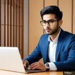 JLPT 시험 후 일본 국내 진출 성공 사례 - A professional Indian young man in business casual attire wearing glasses, attentively participating...
