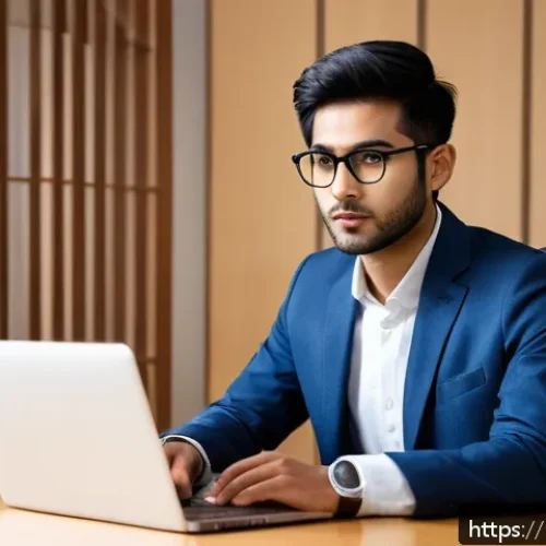 JLPT 시험 후 일본 국내 진출 성공 사례 - A professional Indian young man in business casual attire wearing glasses, attentively participating...