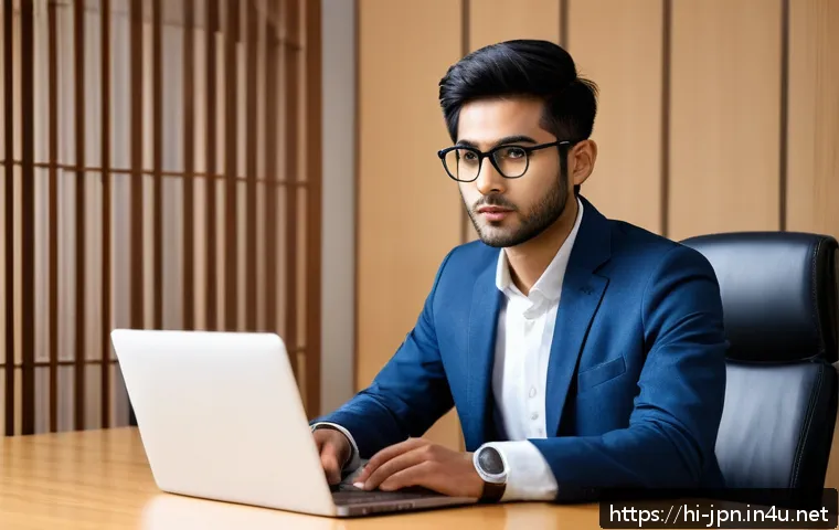 JLPT 시험 후 일본 국내 진출 성공 사례 - A professional Indian young man in business casual attire wearing glasses, attentively participating...
