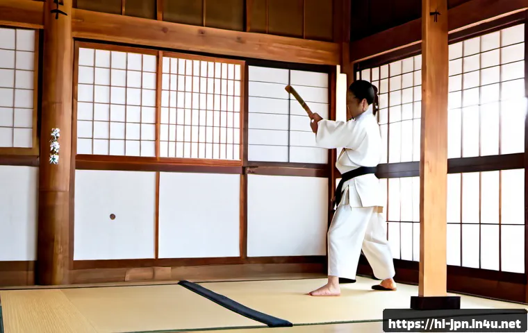 Home 17 JLPT와 일본 전통 무술 체험 사례 - Photorealistic Japanese martial arts experience inside a traditional wooden dojo, an adult Indian vi...