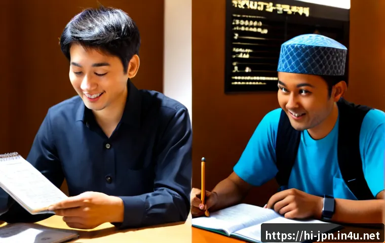 JLPT와 관광 일본어의 차별화 - Photorealistic split-scene comparison: on the left, a focused adult learner at a tidy desk studying ...